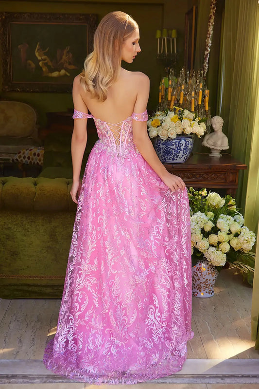 Back full-length view of of a  Pink off-shoulder beaded sequin prom dress with sweetheart neckline and slit