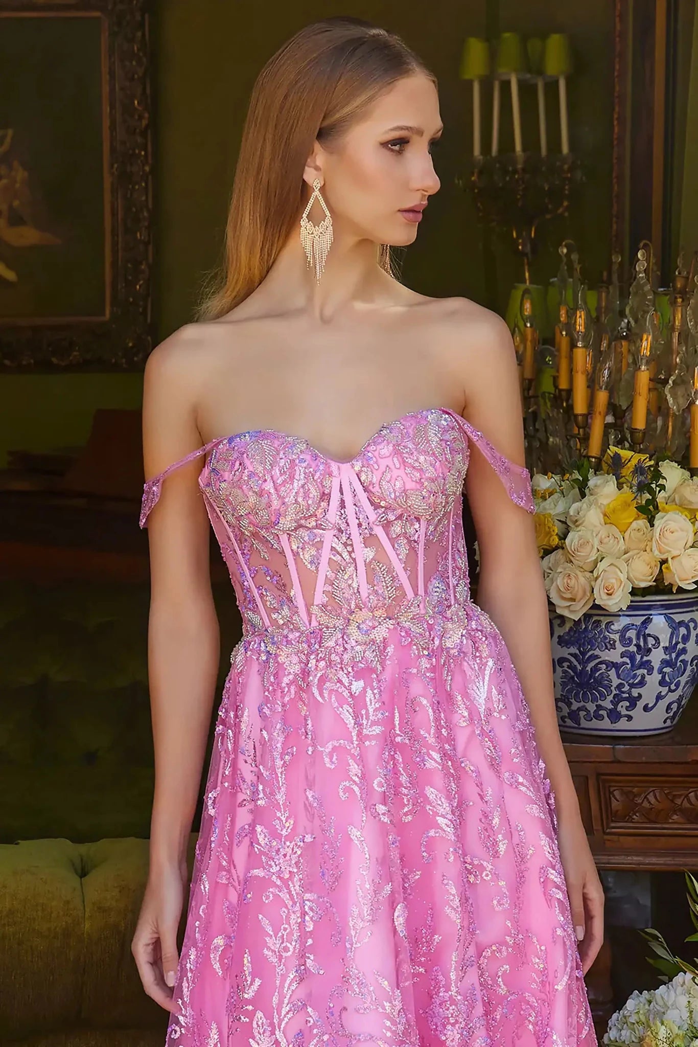 Front close-up upper view of  Pink off-shoulder beaded sequin prom dress with sweetheart neckline and slit