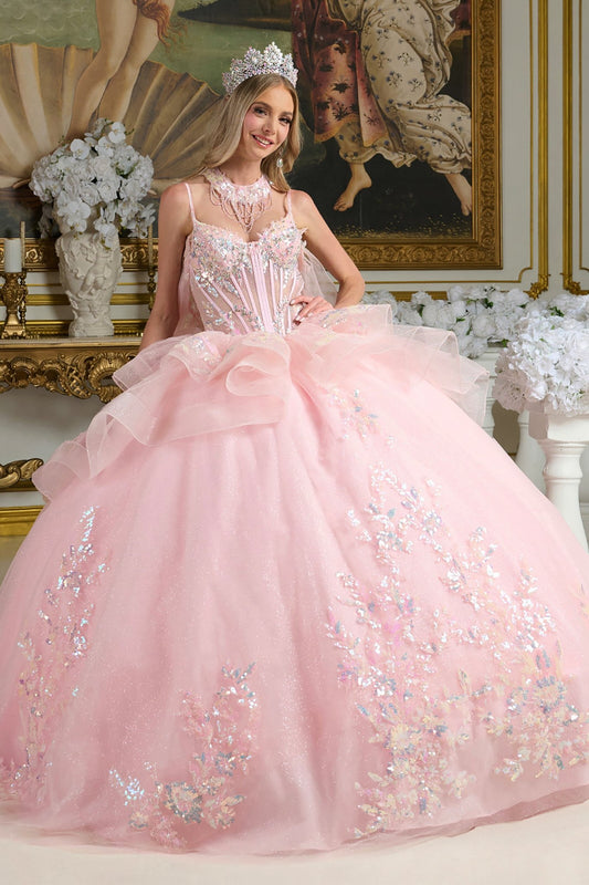 Woman in a pink ball gown with floral details in an elegant interior setting.