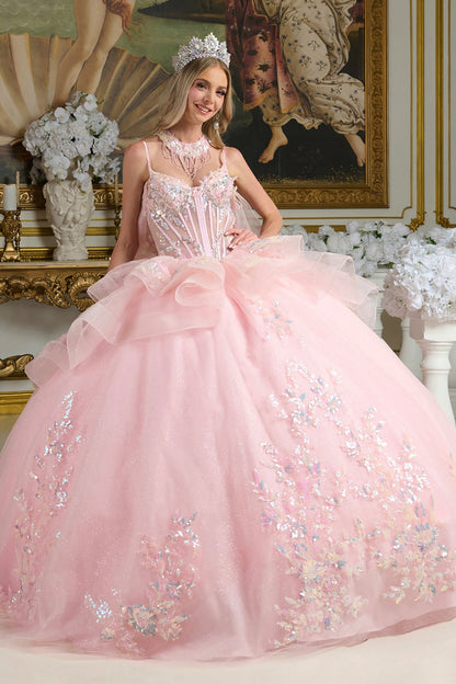 Woman in a pink ball gown with floral details in an elegant interior setting.