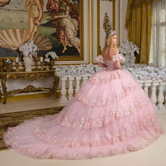 Quinceañera | Baby Pink Ball Gown with Sheer V-Neck Corset Bodice and Layered Embellished Long Skirt | Dulcinea dress