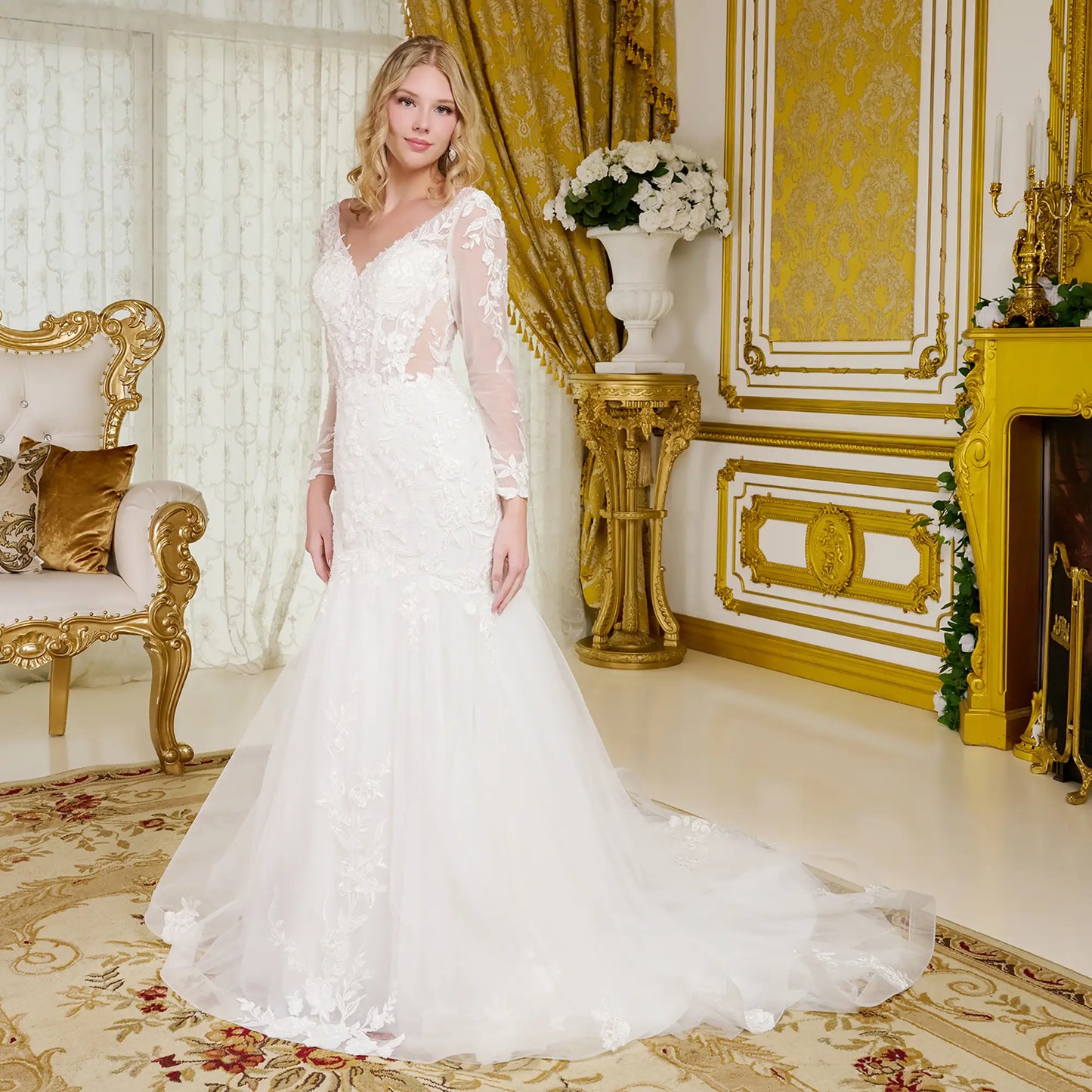 Graceful Trumpet Wedding Gown with Wide V - Neckline, Sheer Long Sleeves & Lace Underlayer