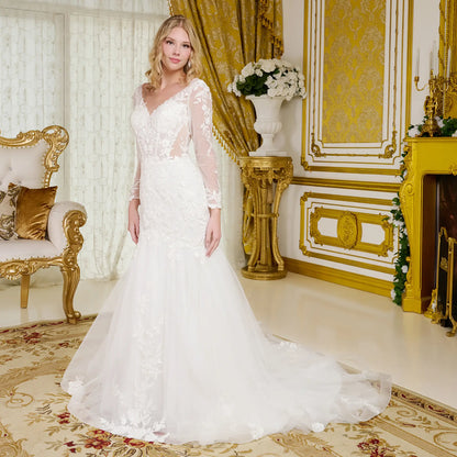 Graceful Trumpet Wedding Gown with Wide V - Neckline, Sheer Long Sleeves & Lace Underlayer