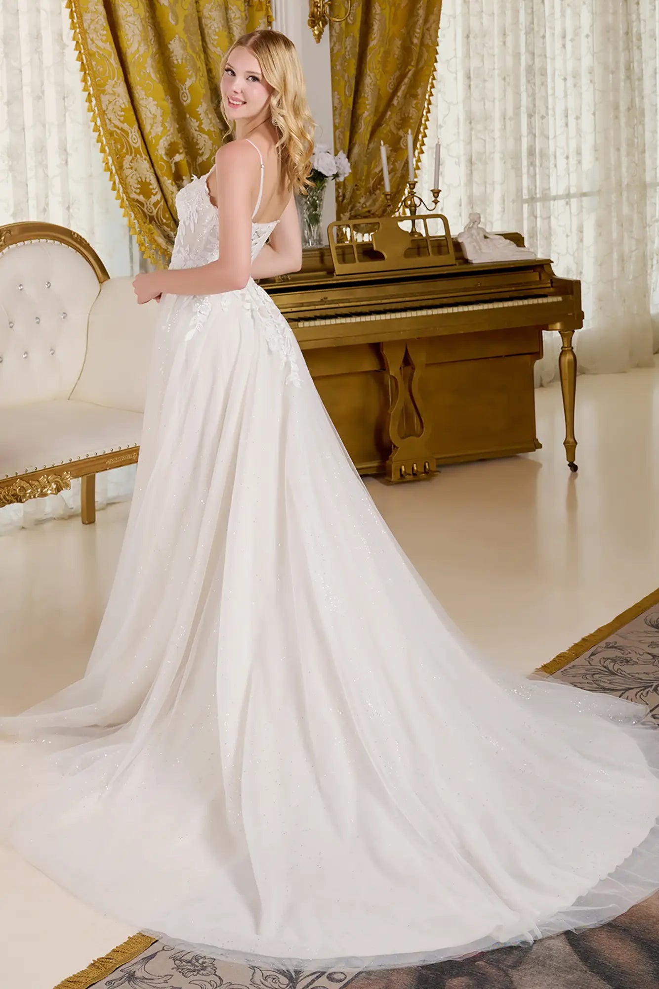 Radiant A - Line Wedding Dress with Boat Neckline, Beaded Spaghetti Straps & Glitter Underlayer