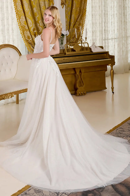 Radiant A - Line Wedding Dress with Boat Neckline, Beaded Spaghetti Straps & Glitter Underlayer