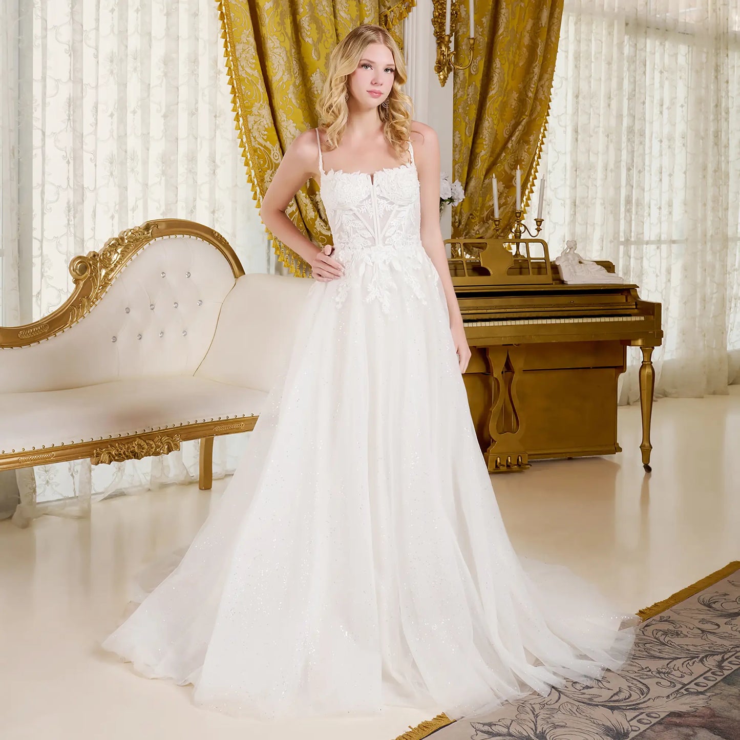 Radiant A - Line Wedding Dress with Boat Neckline, Beaded Spaghetti Straps & Glitter Underlayer