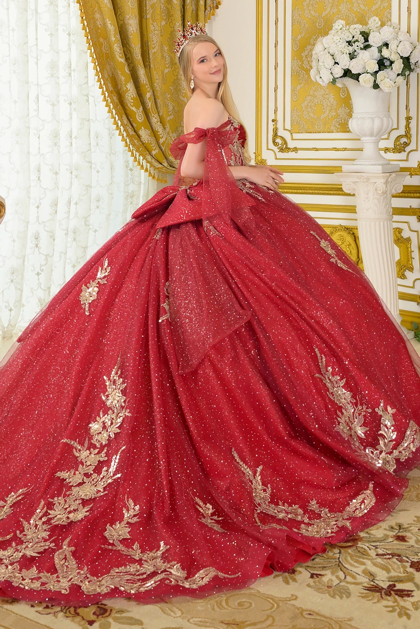 Burgundy Quinceañera Dress with Tie-Off Shoulder Straps and Bow – American Stride