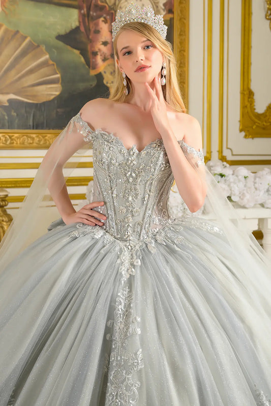 Girl wearing a silver quinceañera dress with intricate detailing in an elegant room.