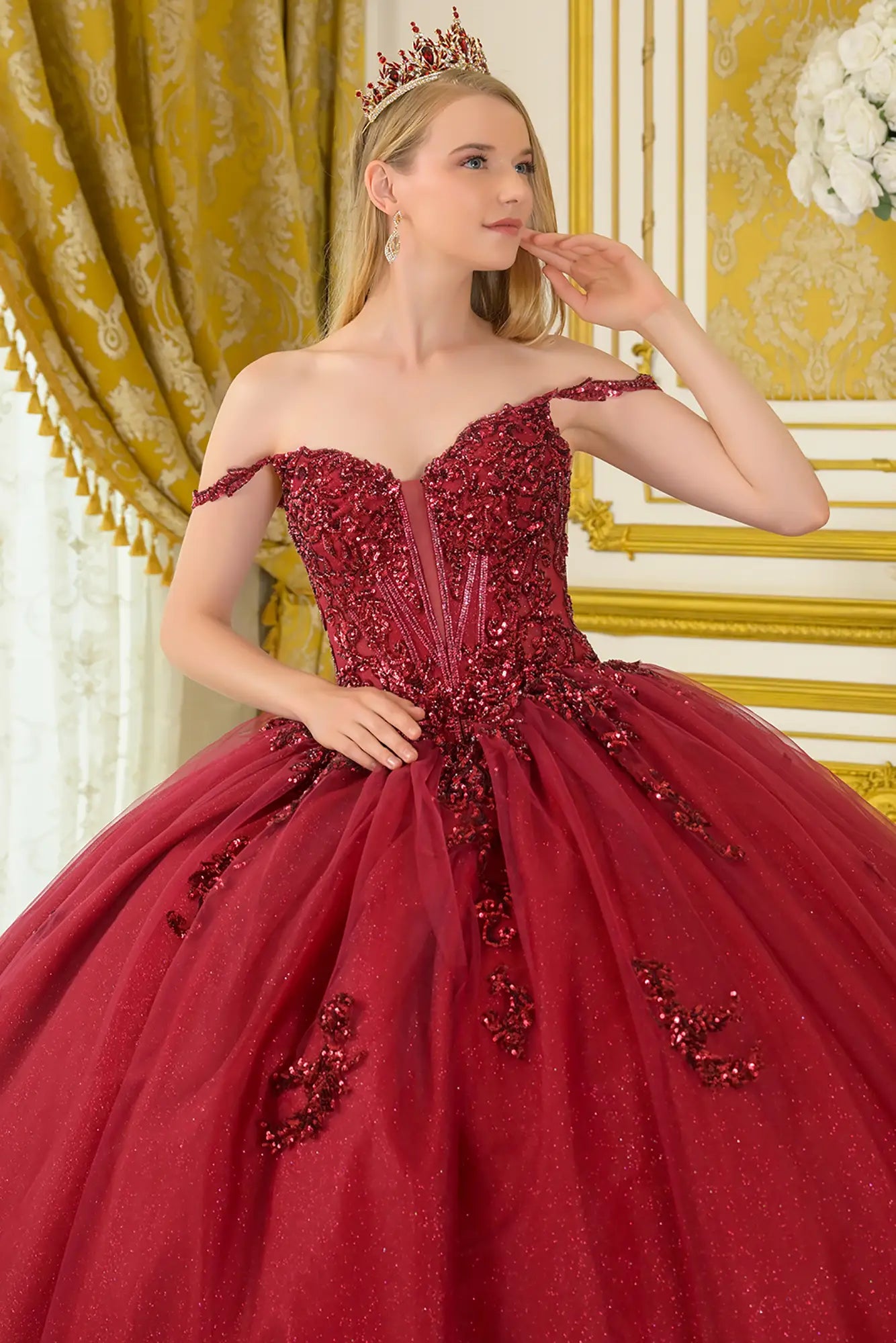 Elegant Burgundy Ball Gown with Detachable Butterfly and Flowing train 3XL / Burgundy