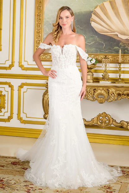 Woman wearing a fitted wedding gown with V-neck corset bodice, detachable off-shoulder straps