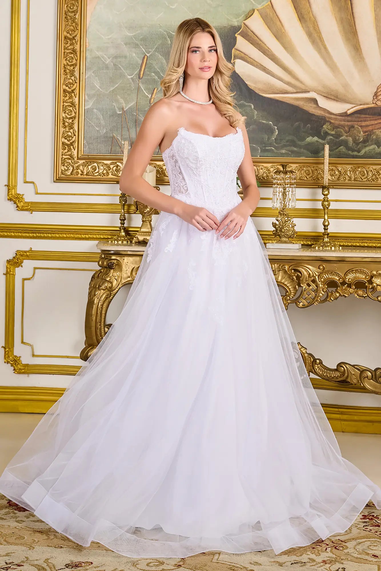 Woman in a wedding gown corset bodice with intricate embroidery, beadwork, sequins, and lace underlayer