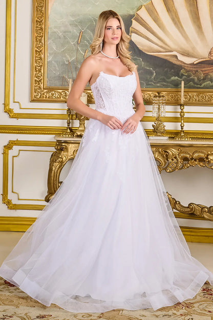 Woman in a wedding gown corset bodice with intricate embroidery, beadwork, sequins, and lace underlayer