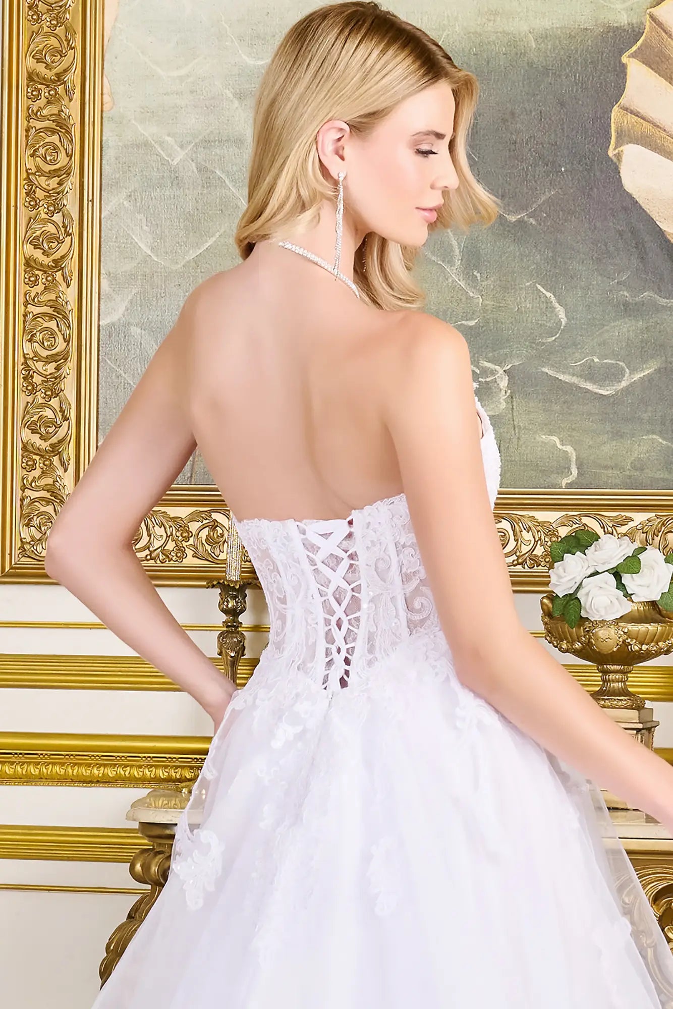 Back view of wedding gown with corset closure