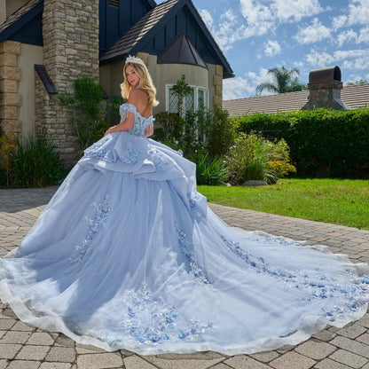 Wide back view of light blue quinceañera ball gown showing extended tulle train, layered skirt structure, floral appliqués, and outdoor garden backdrop