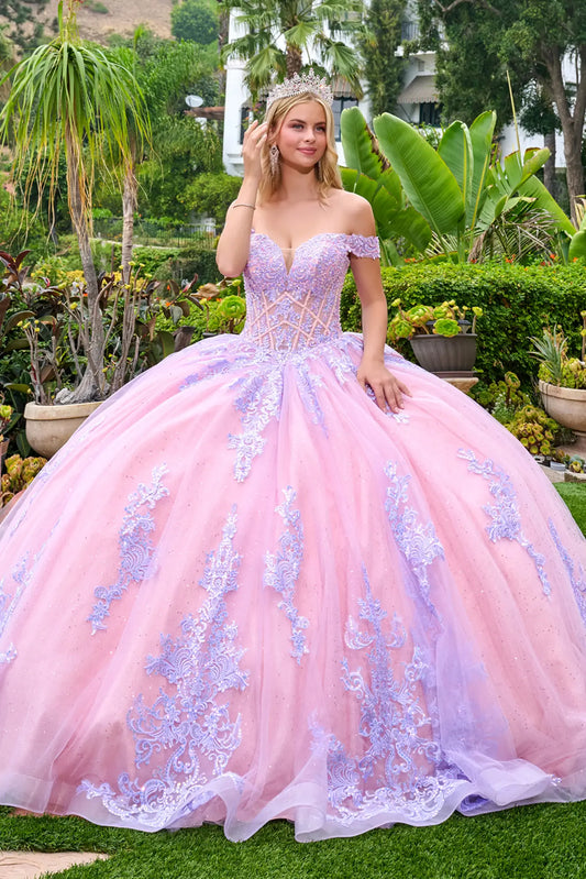 Front view of lilac quinceañera ball gown with off-the-shoulder neckline, corset bodice, and voluminous tulle skirt with embroidered lace details.