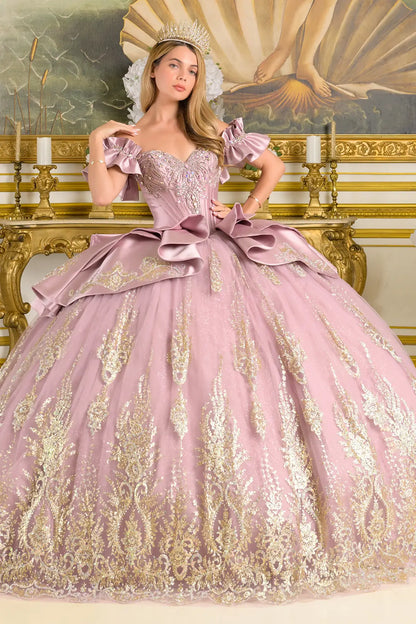 Woman in a mauve and gold gown with a decorative headpiece in an ornate room.