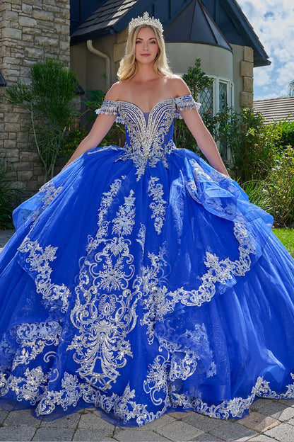 Girl wearing a royal blue quinceañera dress with a tiara, standing outdoors.
