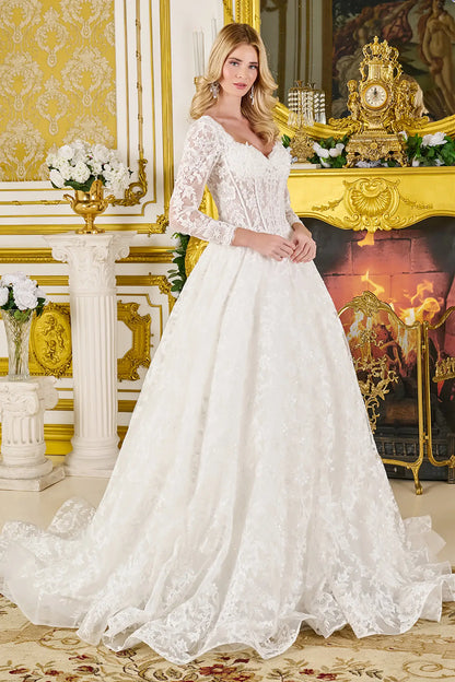 Full-length wedding gown with structured corset bodice, glitter mesh underlayer, and graceful sweeping train