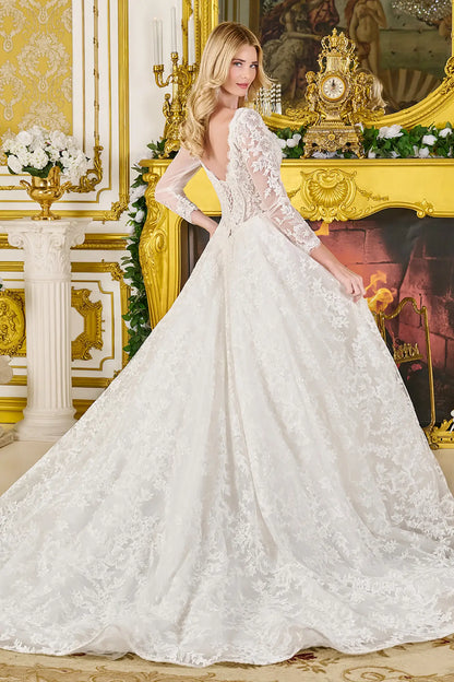 Back view of wedding gown with corset closure, sheer sleeves, and flowing train