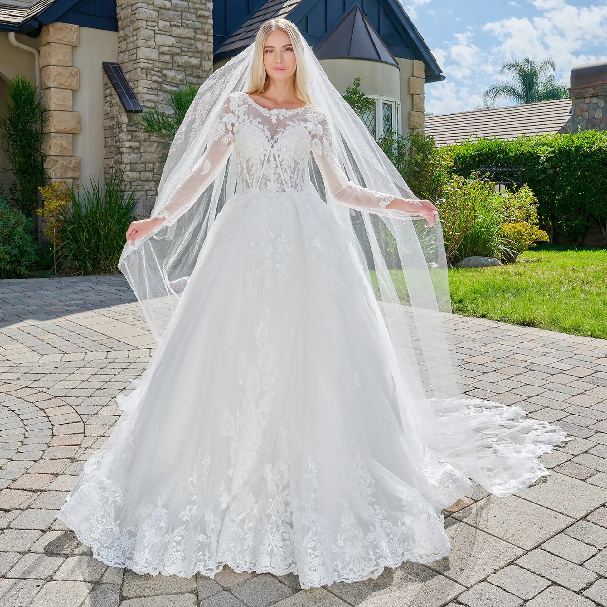 Radiant Wedding Dress with Sheer Long Sleeves & Matching Long Veil