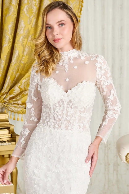 Woman wearing a white lace dress in a decorative room with gold curtains.