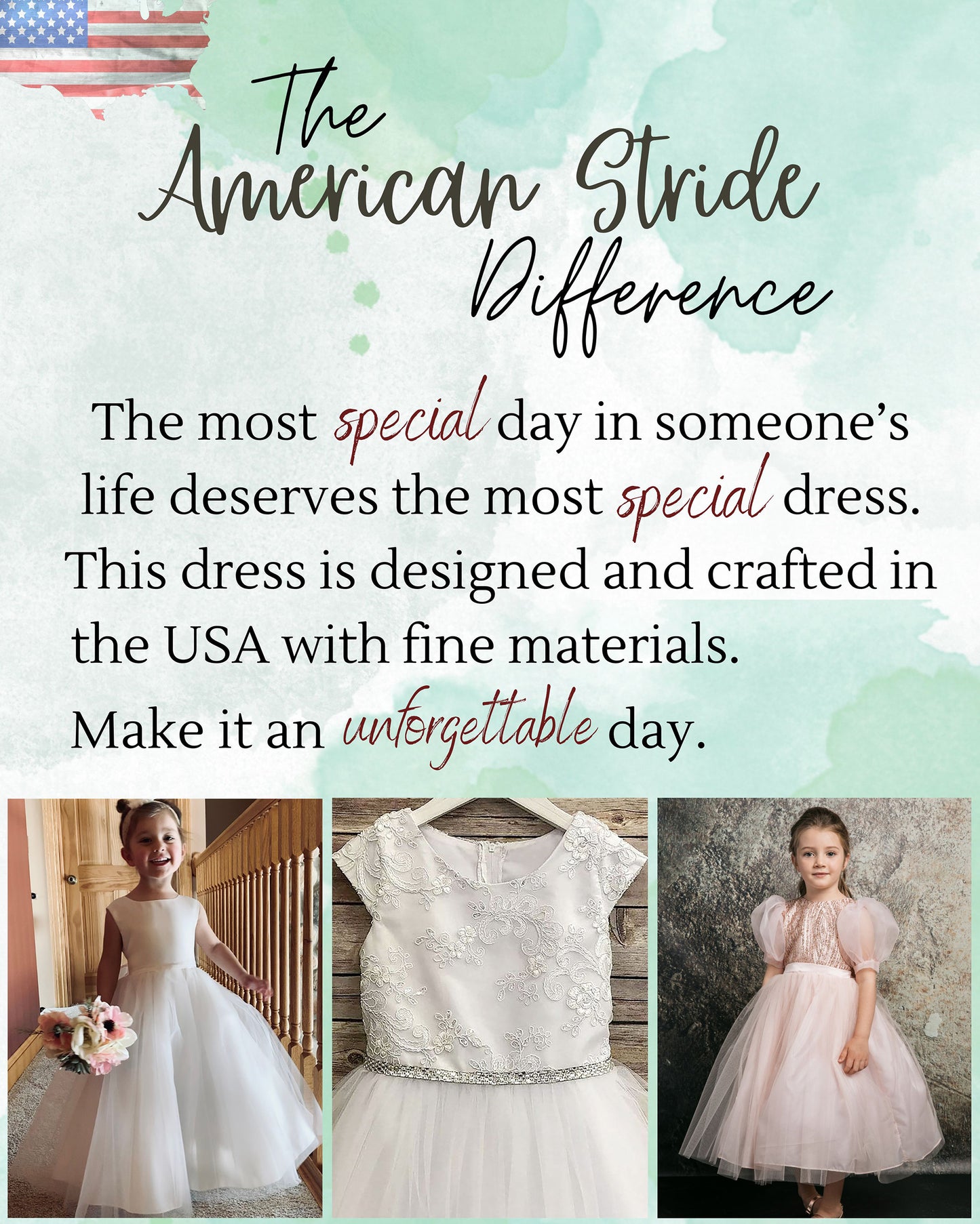 Advertisement for a children's dress with text about American craftsmanship and quality.