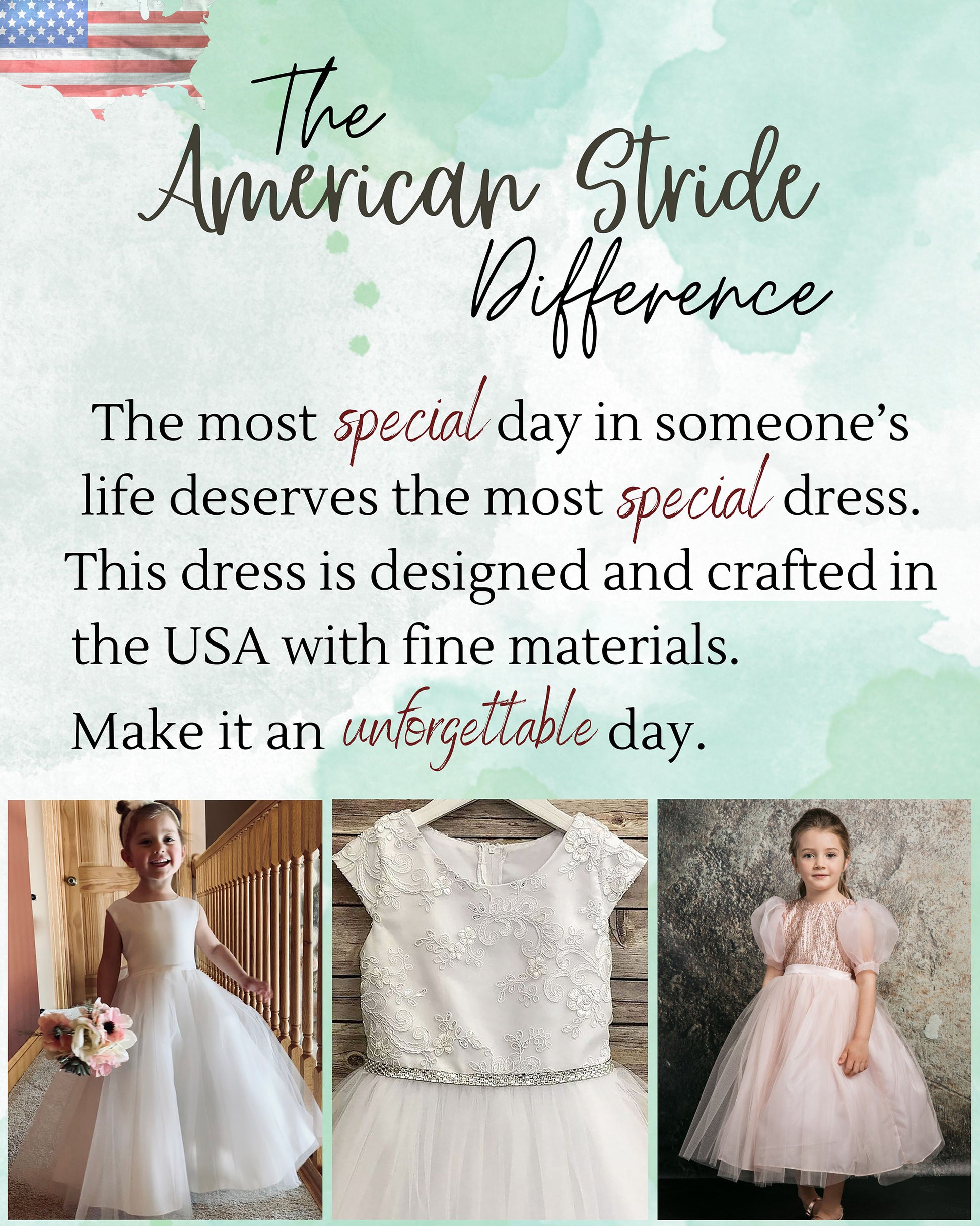 Advertisement for a children's dress with text about American craftsmanship and quality.