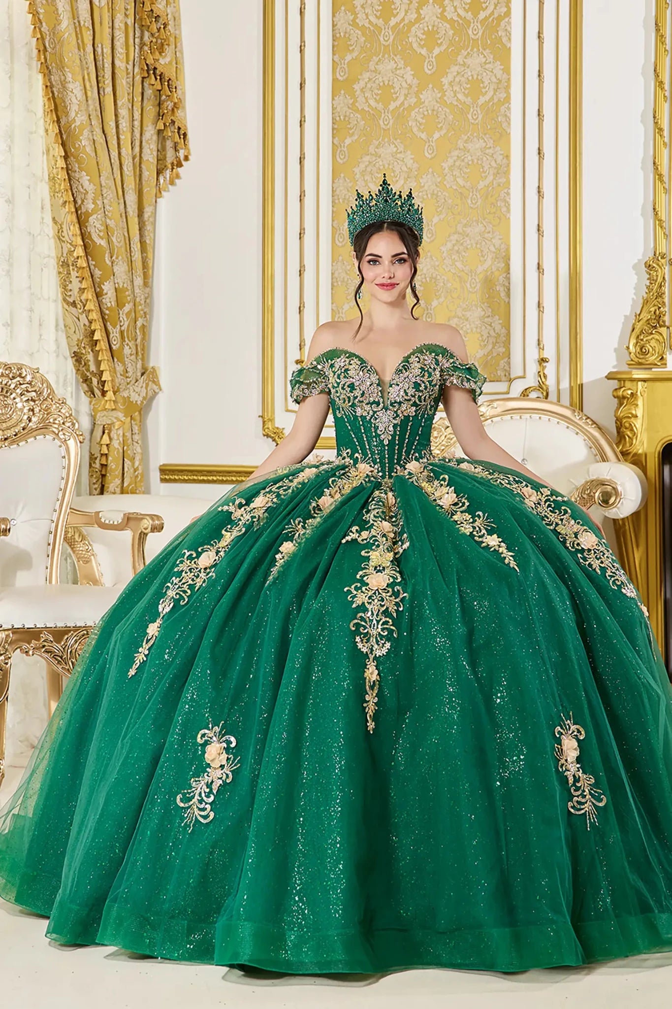 Hunter green quinceanera ball gown front view featuring off the shoulder sweetheart corset bodice, gold floral lace appliques, glitter tulle fabric, and full voluminous skirt