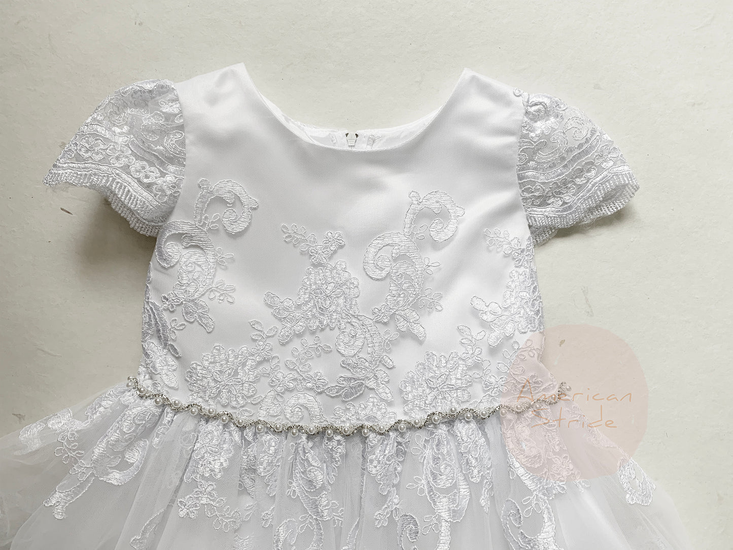 First Communion dress | Cording Lace, 3D Flower Pearls Cap Sleeve Full Length Dress - zoomed in front view of dress showing detailed pattern