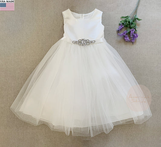 USA Made | Satin and Tulle Flower Girl Dress with a detachable Rhinestone belt | Naomi dress
