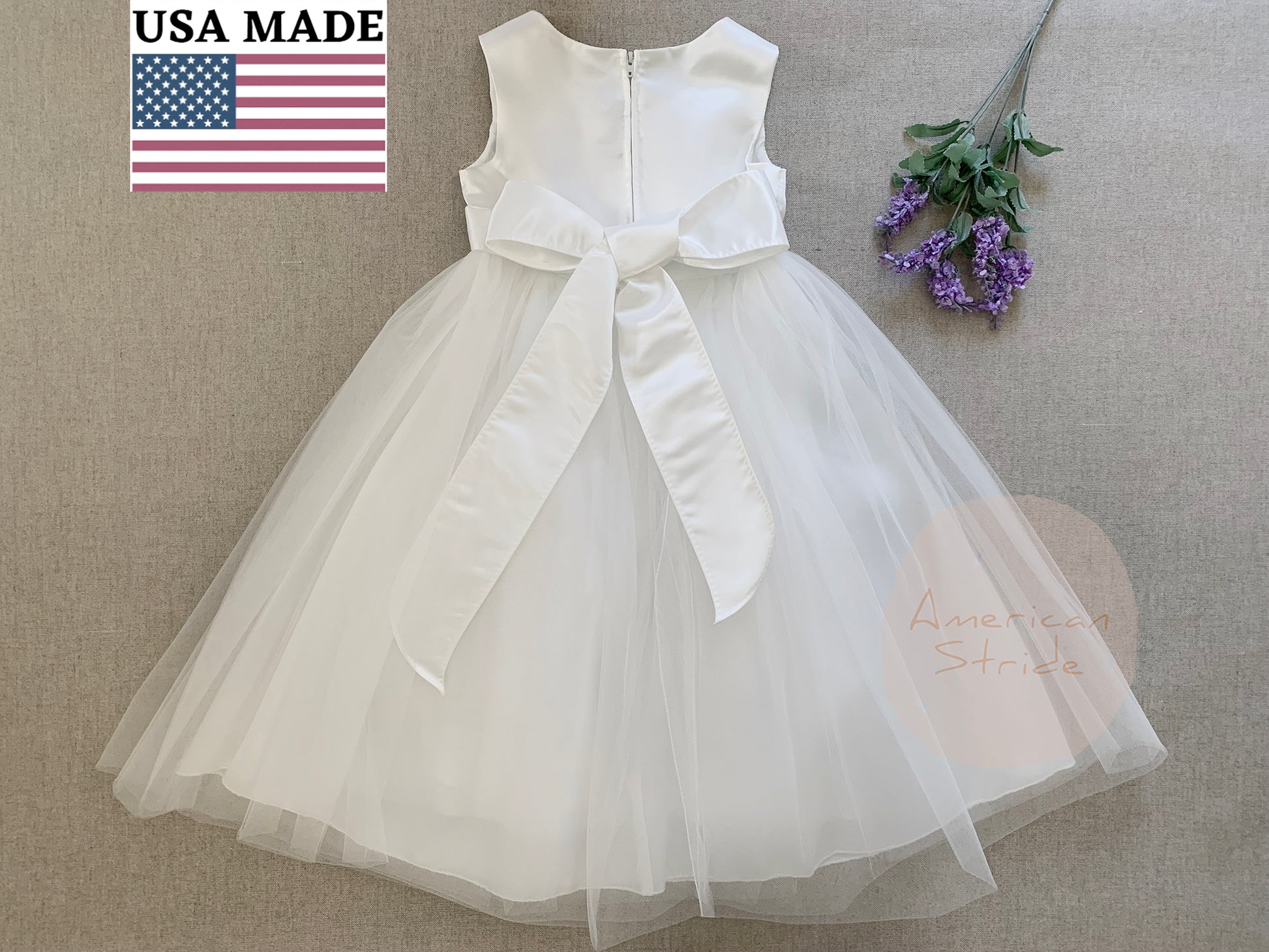 USA Made | Classic Satin and Tulle Flower Girl Dress with detachable Pearl and Satin Sash belt | Size 6M - Teen | Hannah dress back