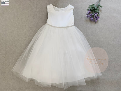 Dainty Pearl Satin and Tulle Classic Flower Girl Dress Whole Front View