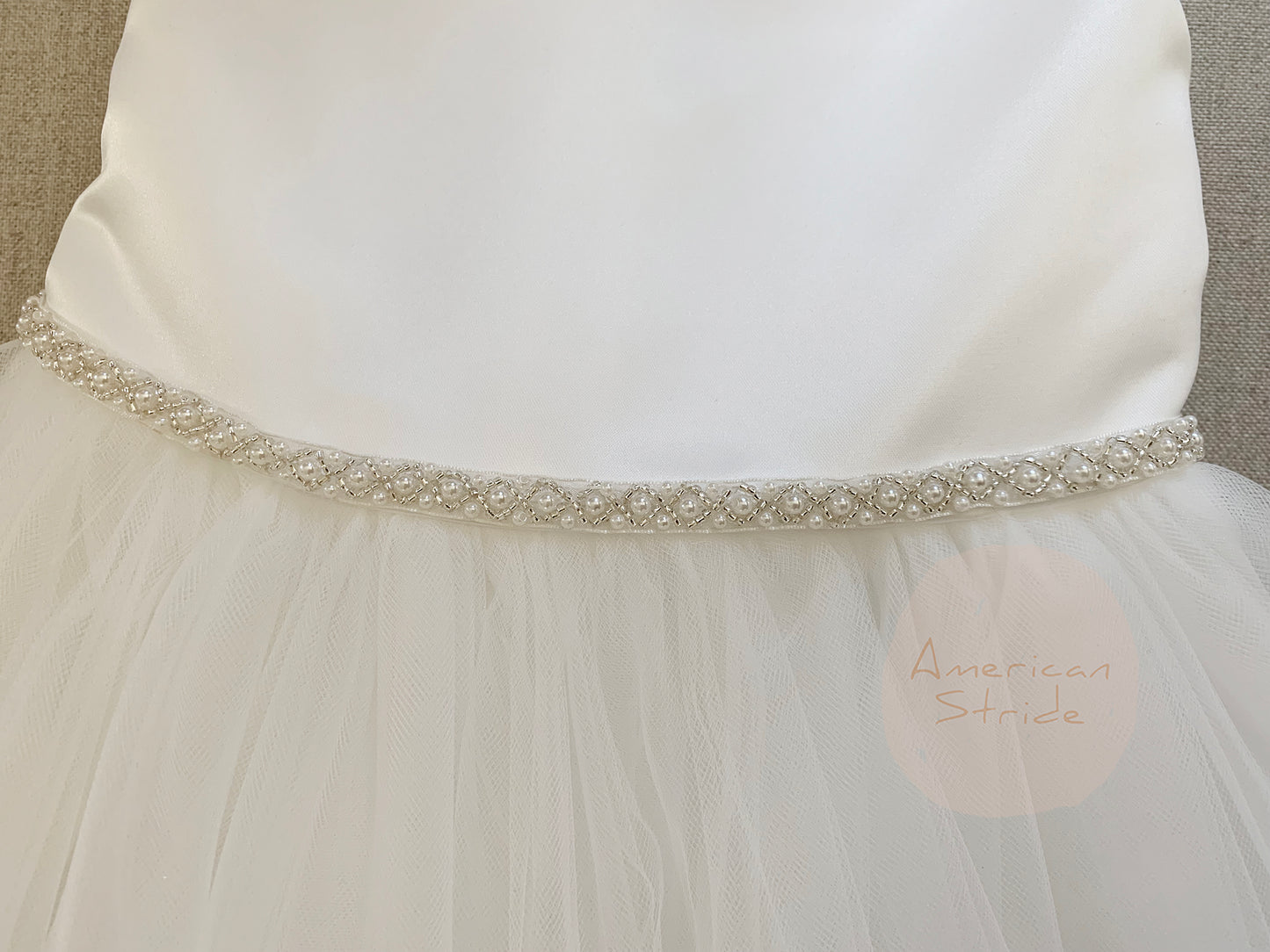 Dainty Pearl Satin and Tulle Classic Flower Girl Dress close zoom pearl sash