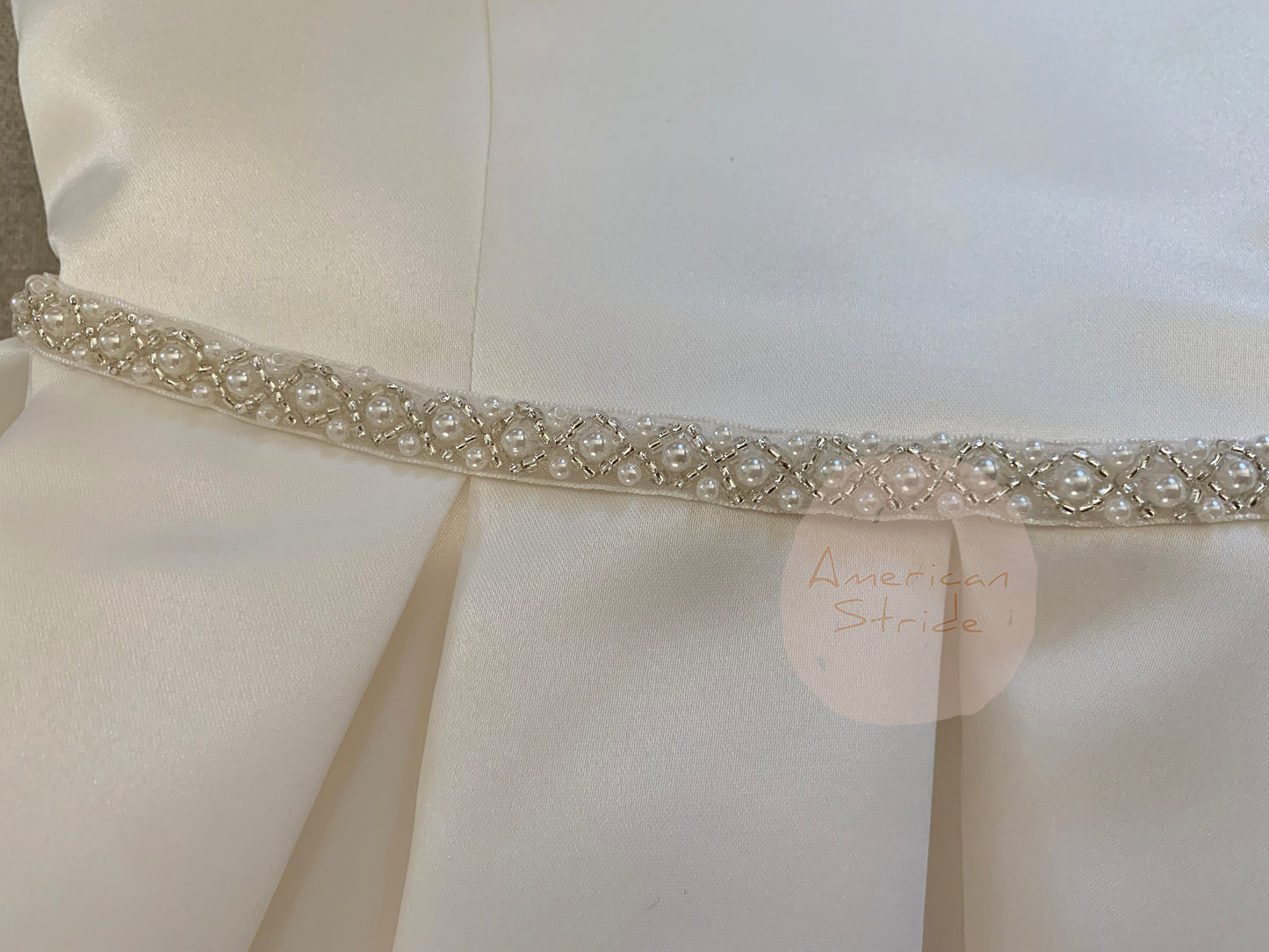 Fully Satin Flower Girl Pearl belt Dress | Communion dress - zoomed in view of pearl sash belt