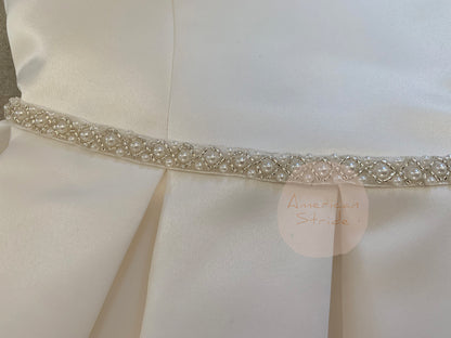 Fully Satin Flower Girl Pearl belt Dress | Communion dress - zoomed in view of pearl sash belt