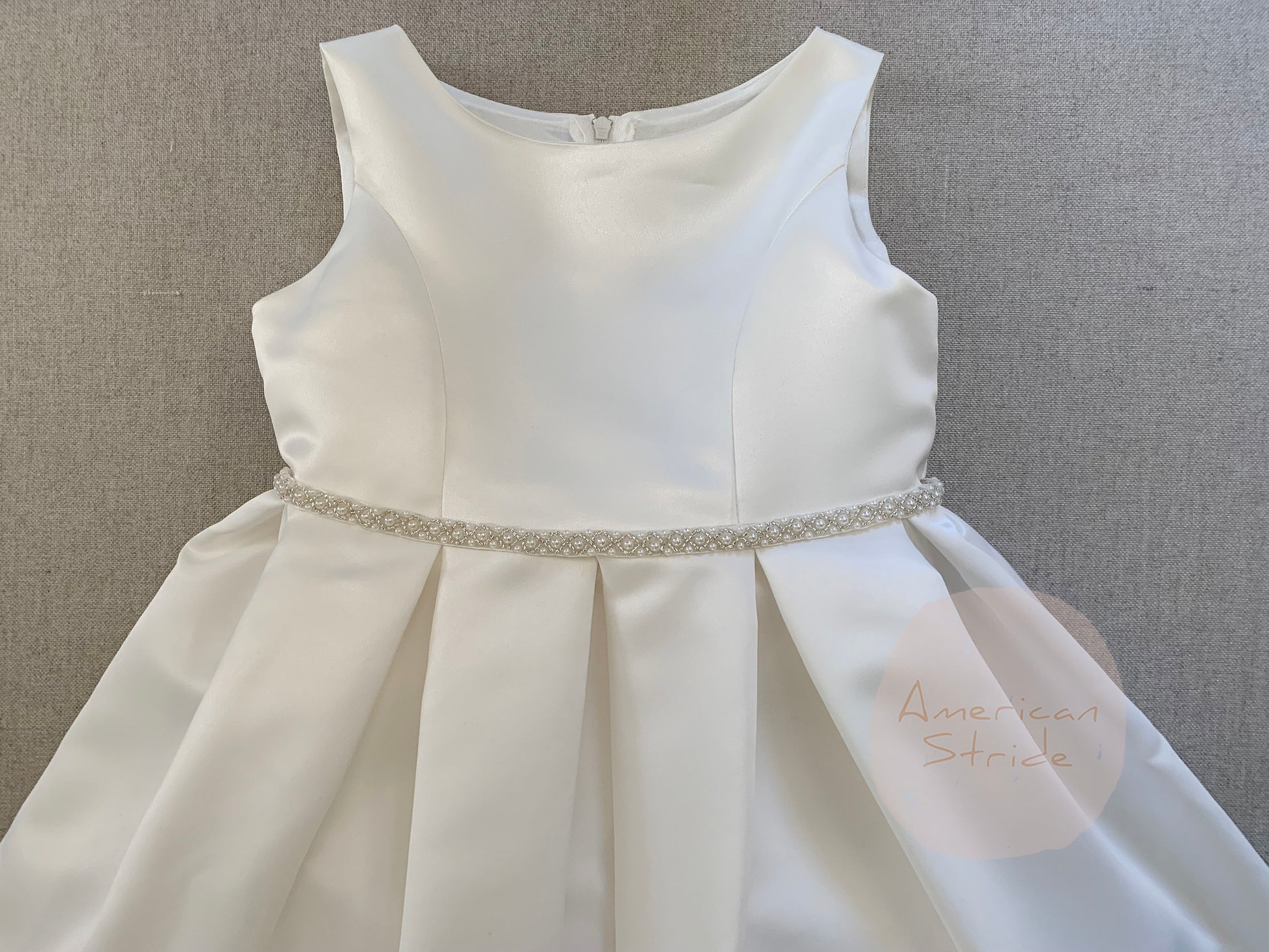 Fully Satin Flower Girl Pearl belt Dress | Communion dress - zoomed in front view of dress