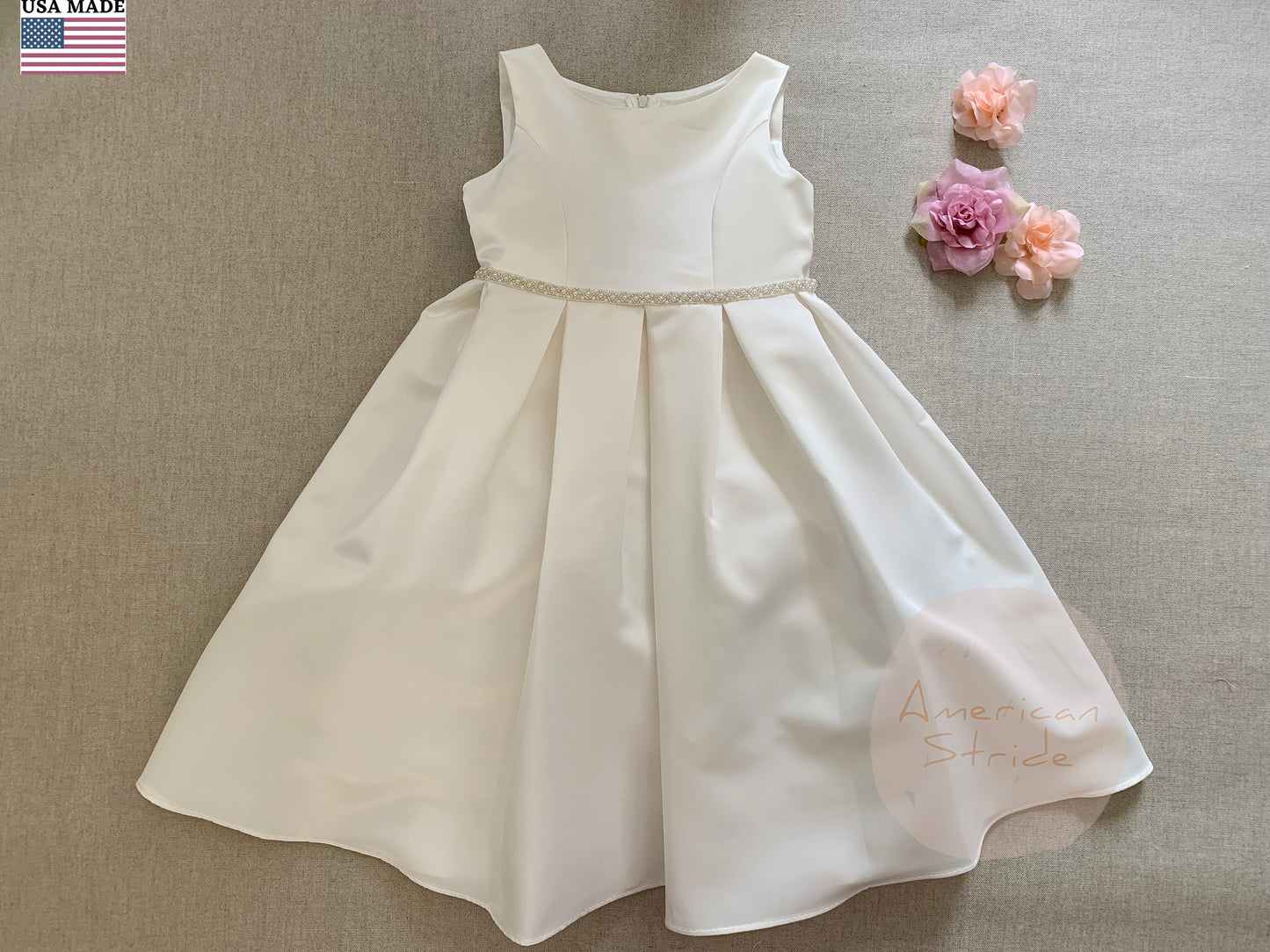 Fully Satin Flower Girl Pearl belt Dress | Communion dress - front view of dress with flowers on the right side of dress