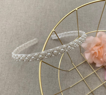 Handmade Pearl Flower Girl Headband - headband on metal basket