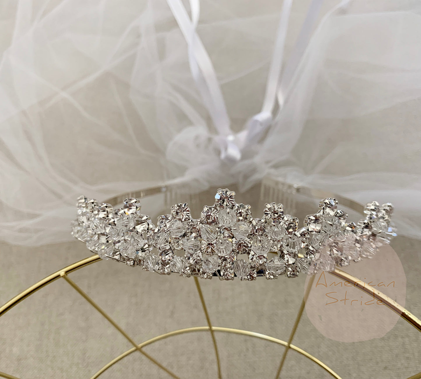 USA Made | Flower Girl Tiara Veil | Communion Rhinestone Tiara with 2-Tiered Veil - zoomed in view of tiara veil showcasing beautiful jewel details