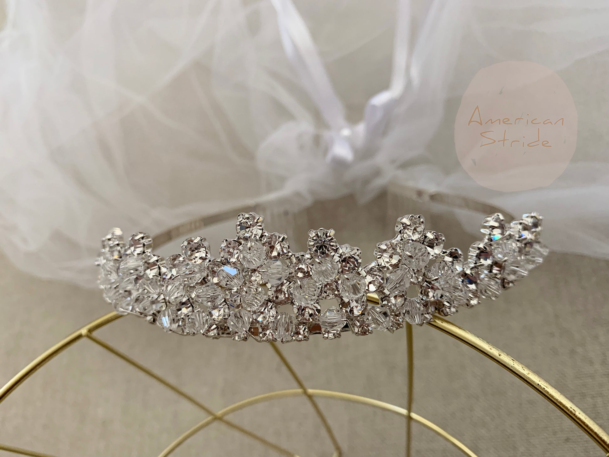 USA Made | Flower Girl Tiara Veil | Communion Rhinestone Tiara with 2-Tiered Veil - super zoomed in view of tiara with veil showcasing jewel detals