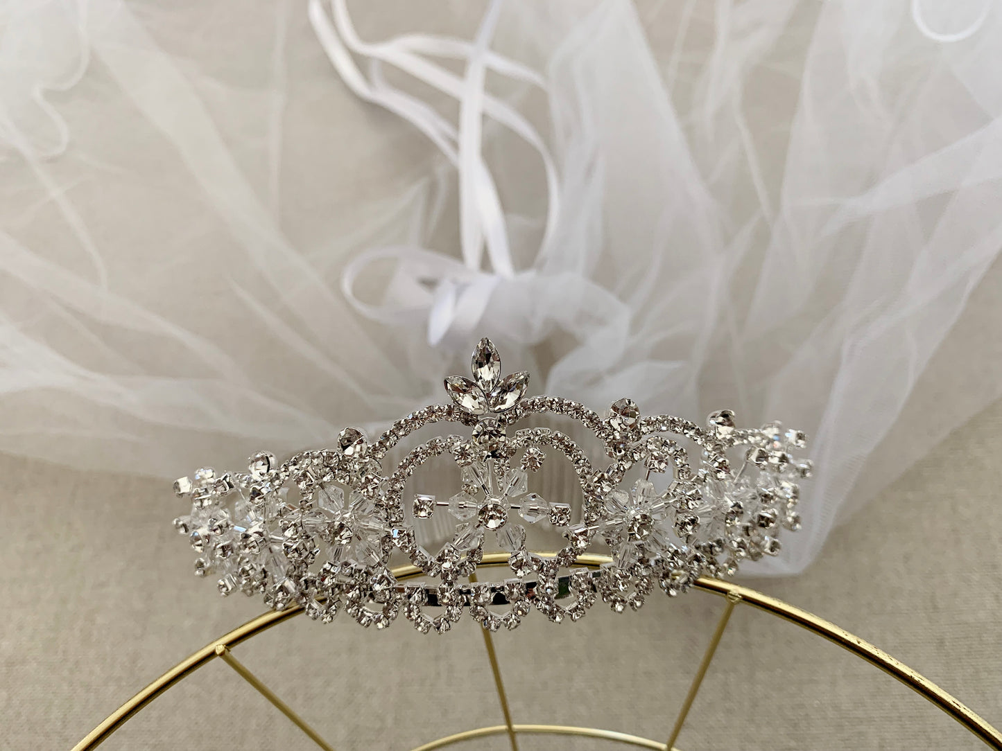 USA Made | Handmade First Communion & Flower Girl Rhinestone Tiara with 2-Tiered Veil whole view