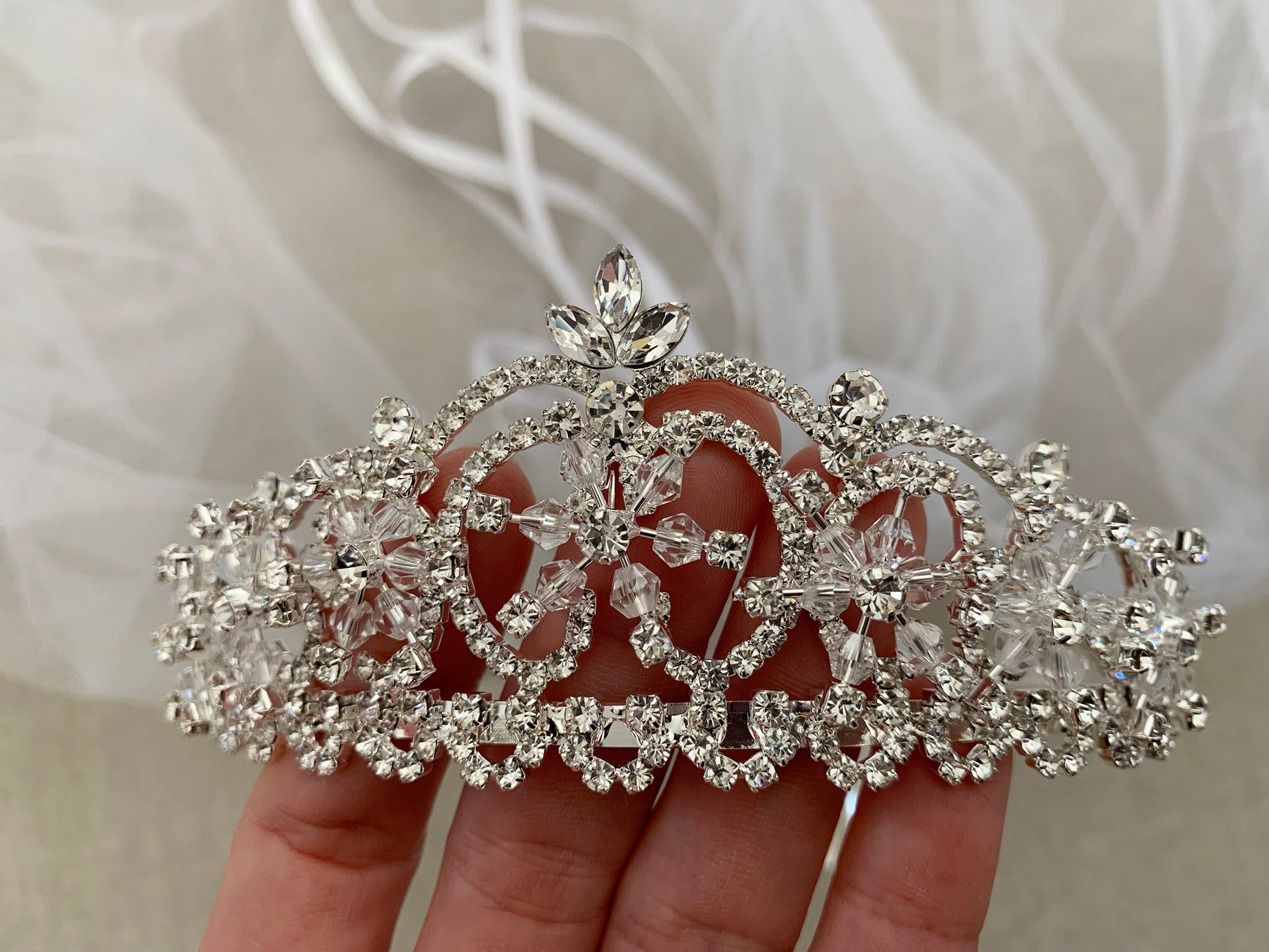 USA Made | Handmade First Communion & Flower Girl Rhinestone Tiara with 2-Tiered Veil zoom