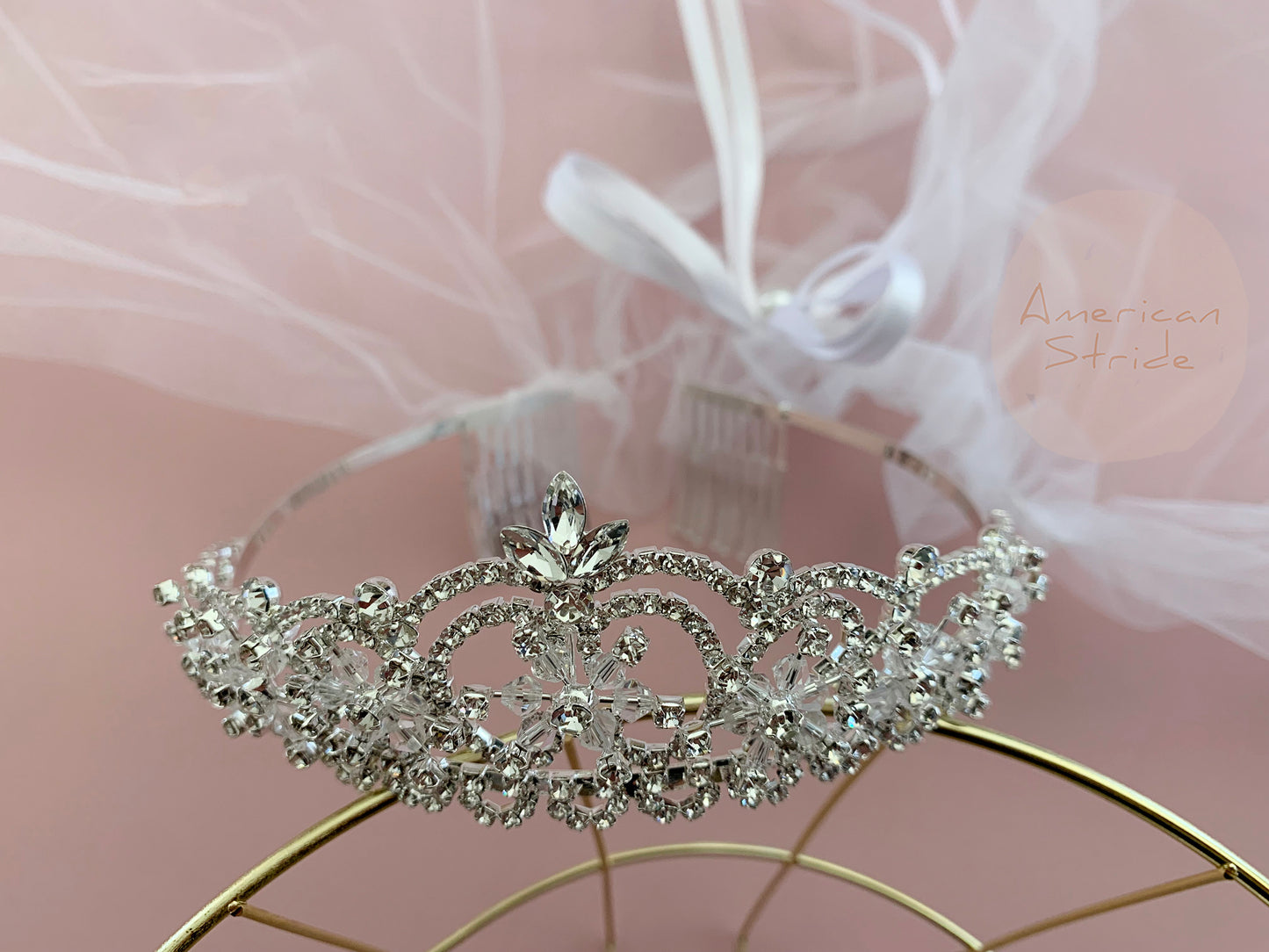 USA Made | Handmade First Communion & Flower Girl Rhinestone Tiara with 2-Tiered Veil front view