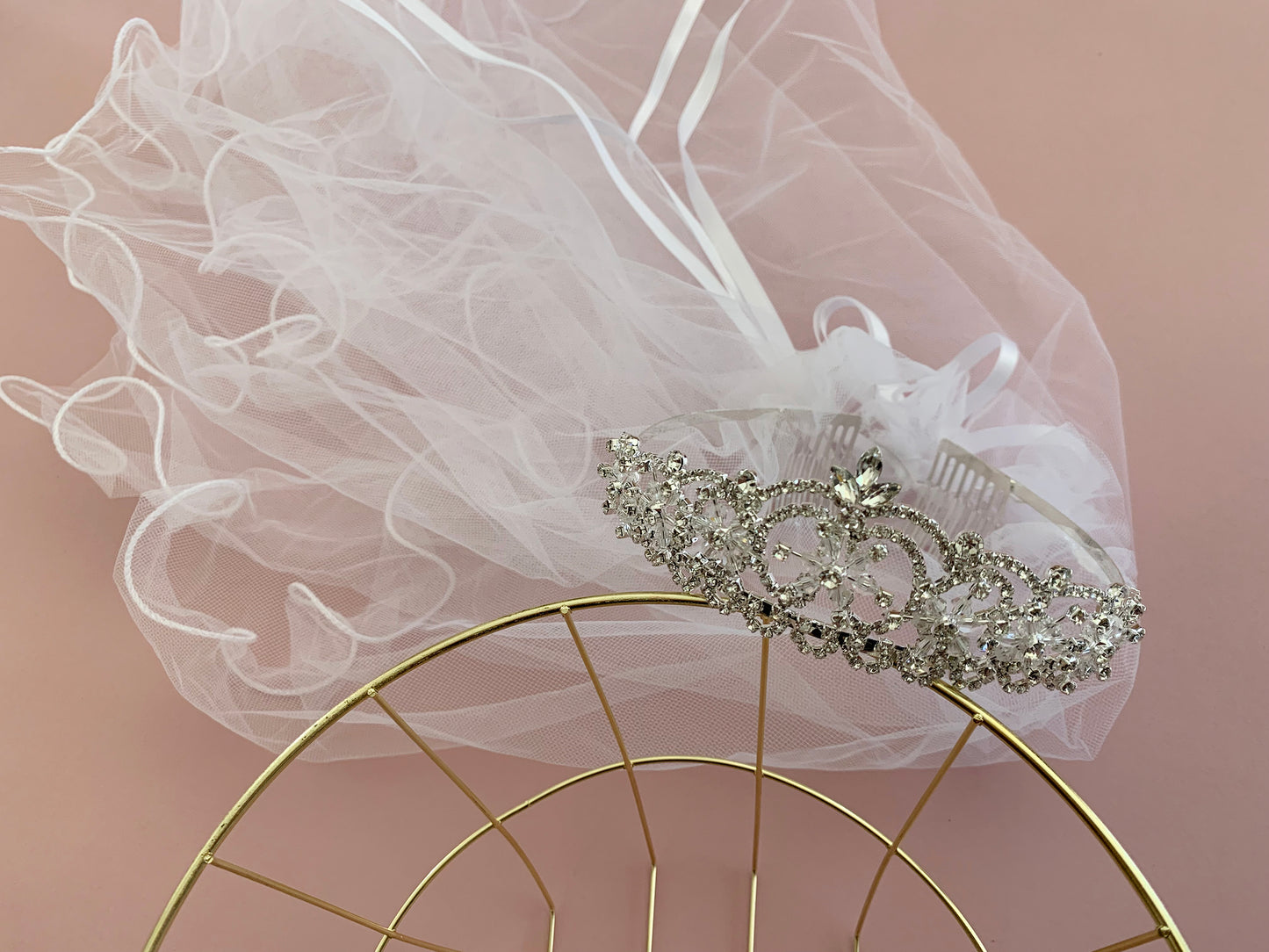 USA Made | Handmade First Communion & Flower Girl Rhinestone Tiara with 2-Tiered Veil side view