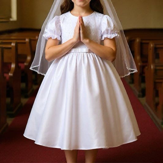 Satin Embroidered Puff Sleeve Full Dress | First Communion & Flower Girl Dress