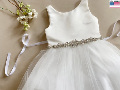 Flower Girl Dress with a detachable Rhinestone belt - front view of dress and belt with flower beside the dress