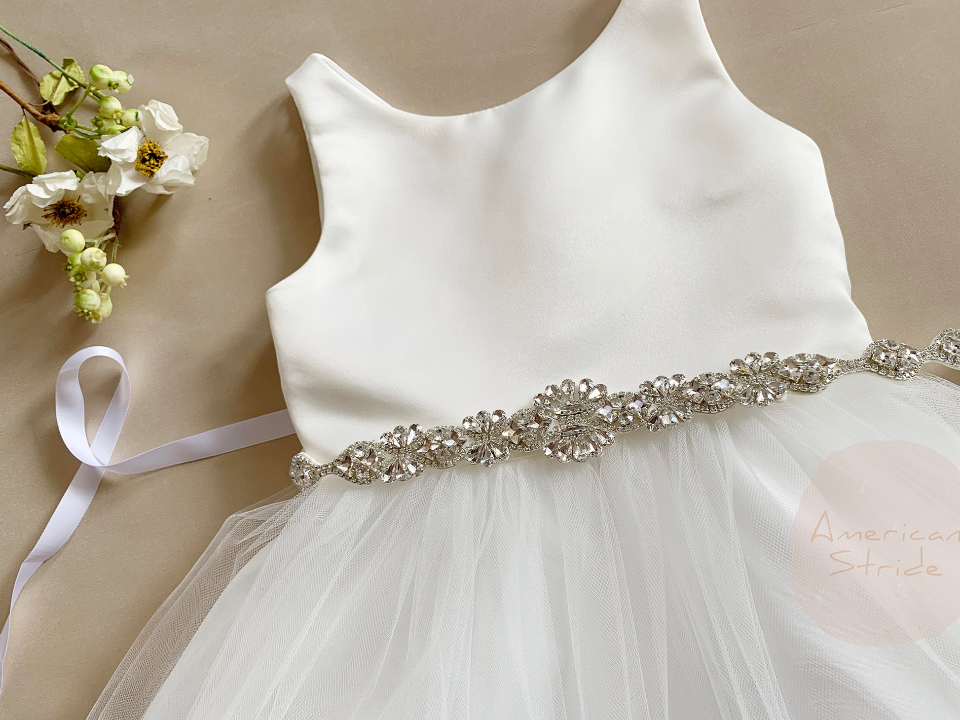 Flower Girl Dress with a detachable Rhinestone belt - zoomed in view of belt on the dress