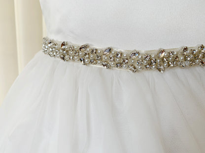 Handmade Beautiful Pearl and Rhinestone Sash Belt | Flower Girl Crystal Pearl Sash - pearl sash showed on white dress