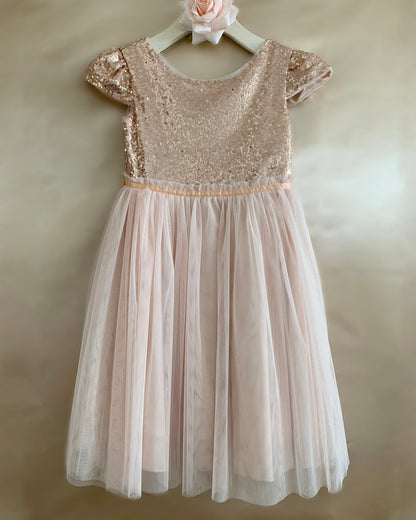 super soft mesh layered dress with sparkling sequin bodice, cap sleeves, and airy mesh skirt