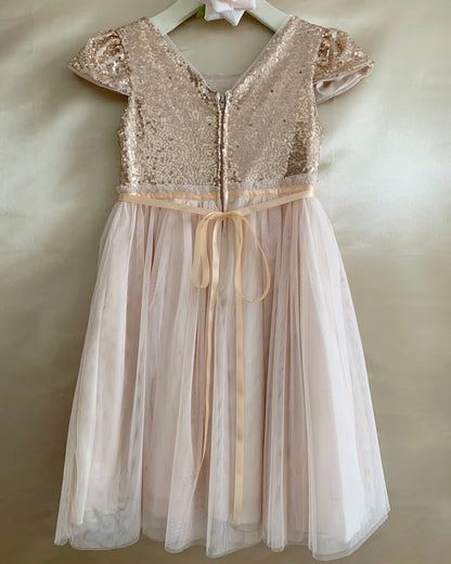 super soft mesh layered dress with lace-up bodice, sequin detailing, cap sleeves, and layered mesh skirt